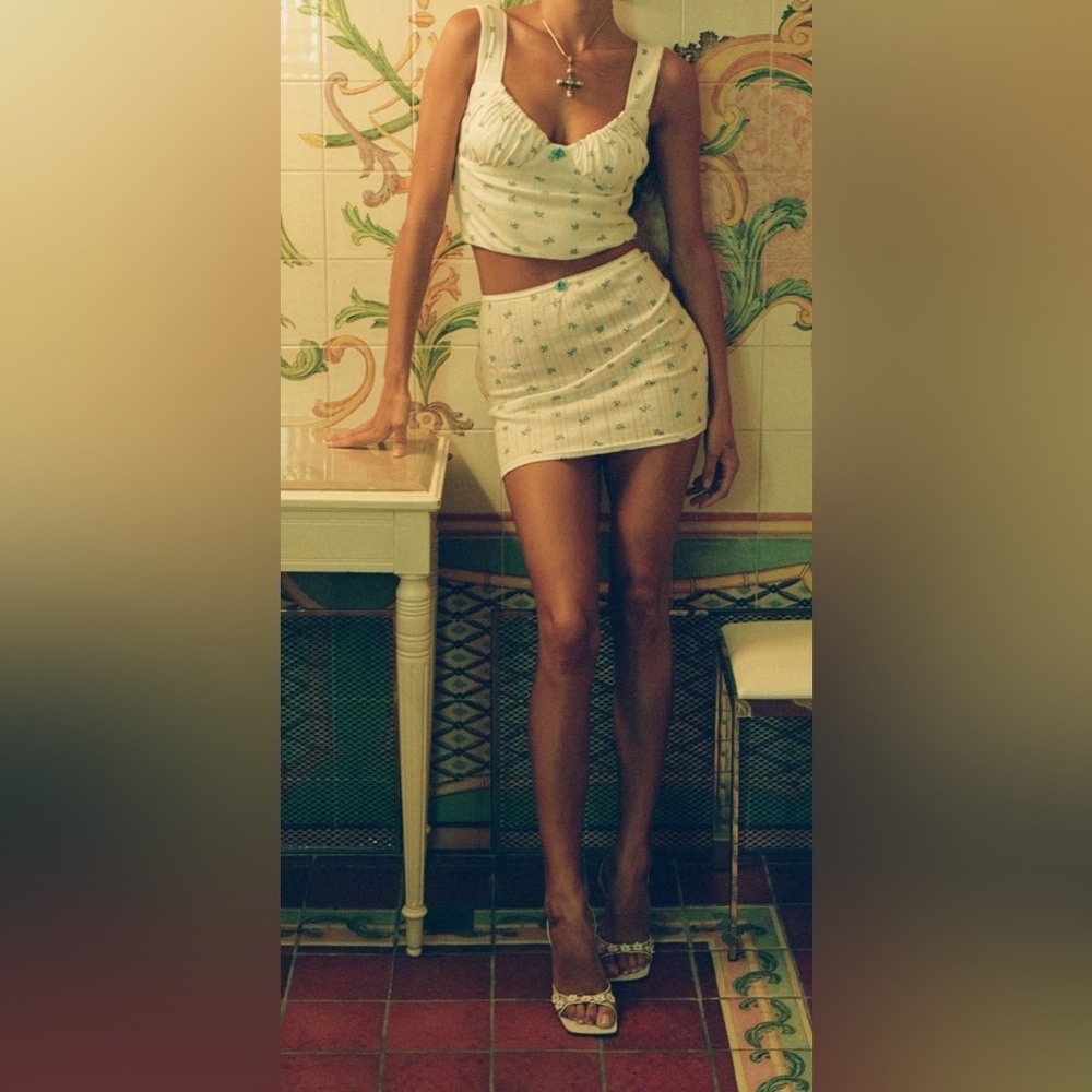 With Jean White Mini Skirt with Subtle Green Print